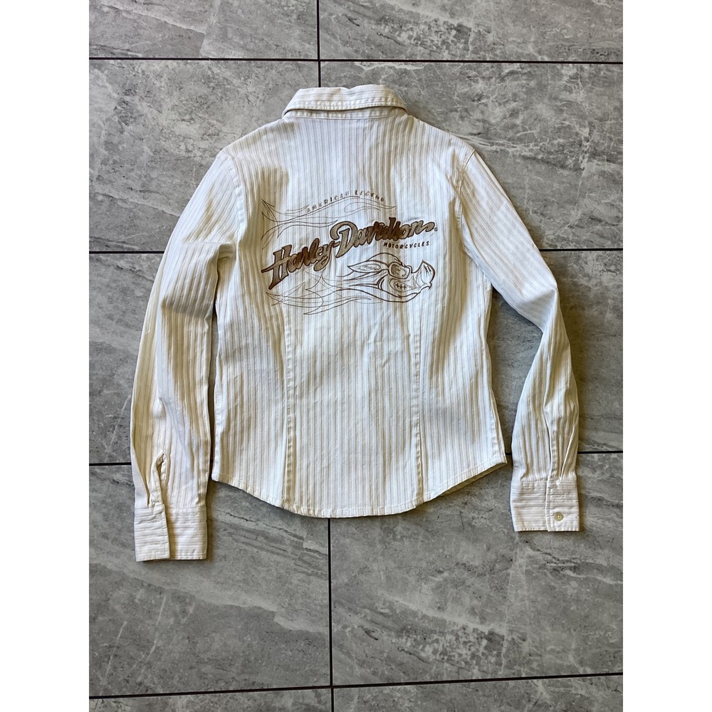 Harley Davidson Womens Cream Textured Stripe Embroidered Graphic Shirt Medium